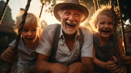 Old man laughing with his grandchildren On the swing in the daylight of the park's - obrazy, fototapety, plakaty