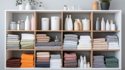 Photograph of Shelving unit with clothes in bathroom at house.
