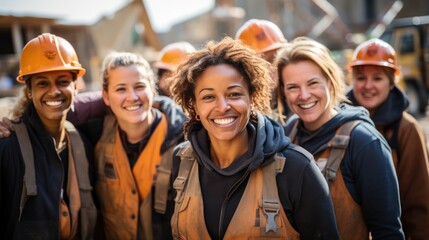 Photograph of smiling women, a group of various happy women doing construction work on a construction site. - obrazy, fototapety, plakaty
