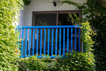 Blue balcony in green foliage