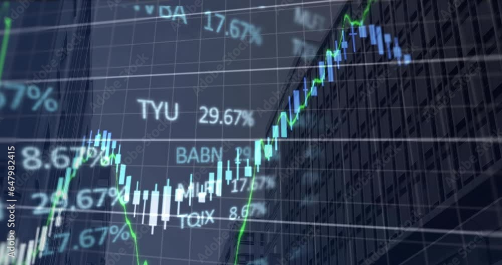 Poster animation of multiple graphs and trading board over low angle view of modern buildings against sky