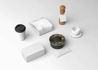 White plain blank empty food or cafe branding template of paper box and bag with disposable food bowl