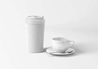 white plain empty blank Coffee and ceramic Tea Cup with silver spoon on isolated background