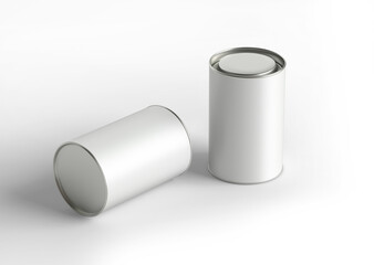 white plain empty blank two matt tin can canisters with cap or lid on isolated background