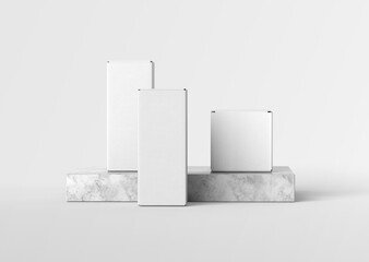 white plain blank empty two vertical and square packaging paper boxes for branding on marble block - obrazy, fototapety, plakaty