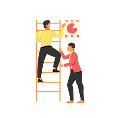 Man and Woman Working on Ladders as a Teamwork Concept Cartoon Vector Illustration on White Background .