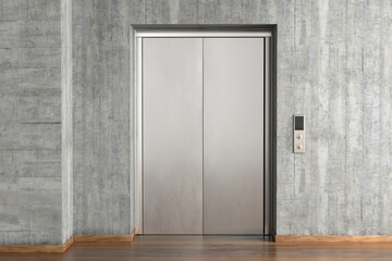 Blank plain metallic silver elevator door for branding with concrete wall © PIXPINE