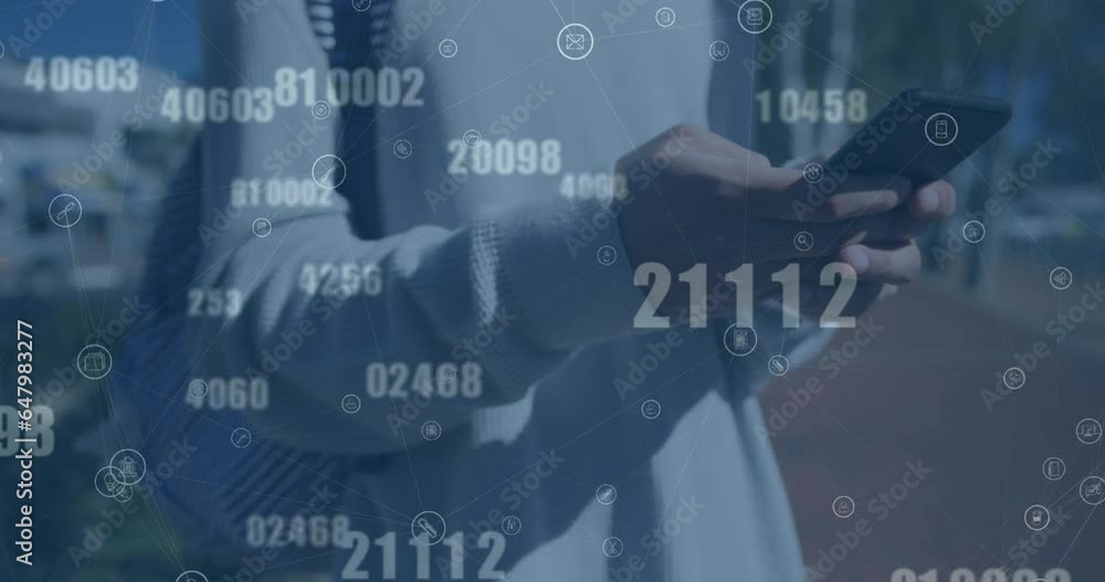 Poster animation of changing numbers and connected icons over midsection of biracial man using cellphone