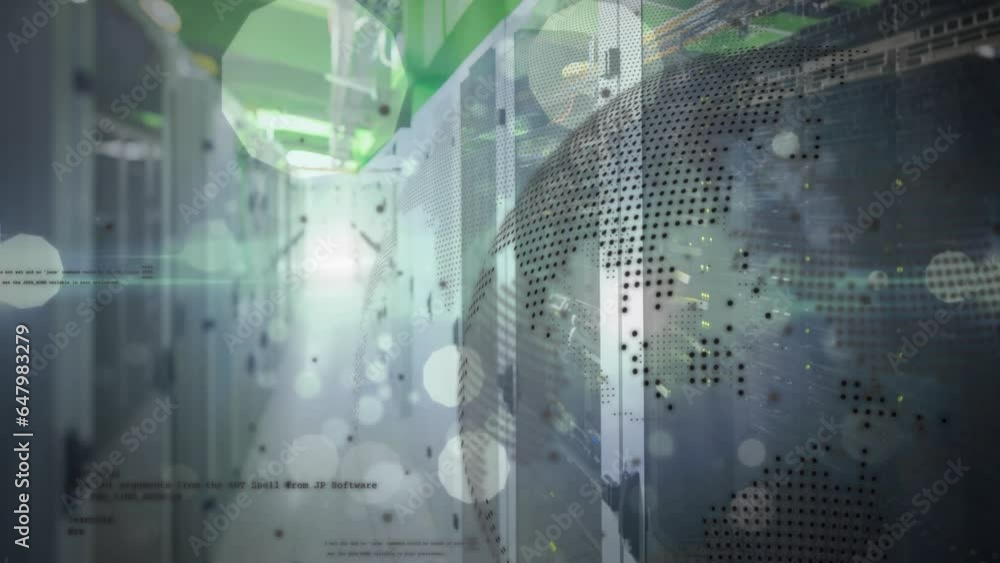 Poster animation of lens flares, rotating globe and computer language over server room