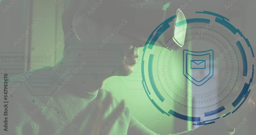 Poster animation of envelope in shield and loading circles, biracial man using vr headset