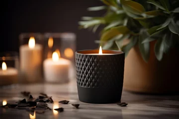 Deurstickers mockup packaging vela negra de lujo, vela de cerámica negra y oro, vela encendida en un spa, sesión de masajes con aromaterapia  © Loktor