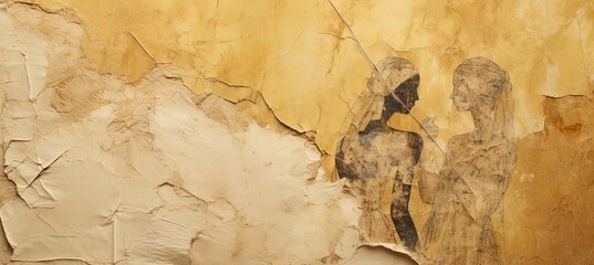 ancient historical rock wall painting, two African women walking together, Generative Ai