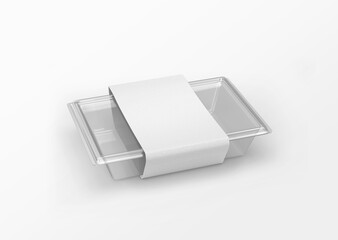 white plain blank empty kraft paper rectangular food packaging box container with clear plastic transparent lid and strap label on isolated background