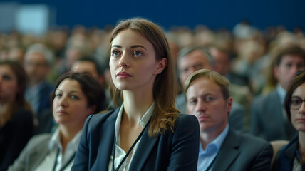 A leader speaker woman at Business Conference and Presentation. Audience at the conference hall.generative ai