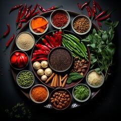 Close-up Asian food ingredients arrangement On a dark background. Spices and herbs