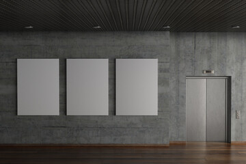 white plain empty blank three large branding canvas poster  frame on indoor concrete wall 