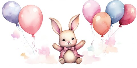 Obraz na płótnie Canvas watercolor style illustration of cute baby rabbit with balloons, generative Ai