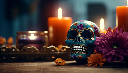 decor of the day of the dead with flower and candle, low andgle, banner design, pure background.generative ai