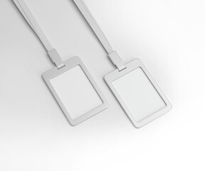 White plain empty blank two hanging plastic employee ID card holder with lanyard on isolated background 