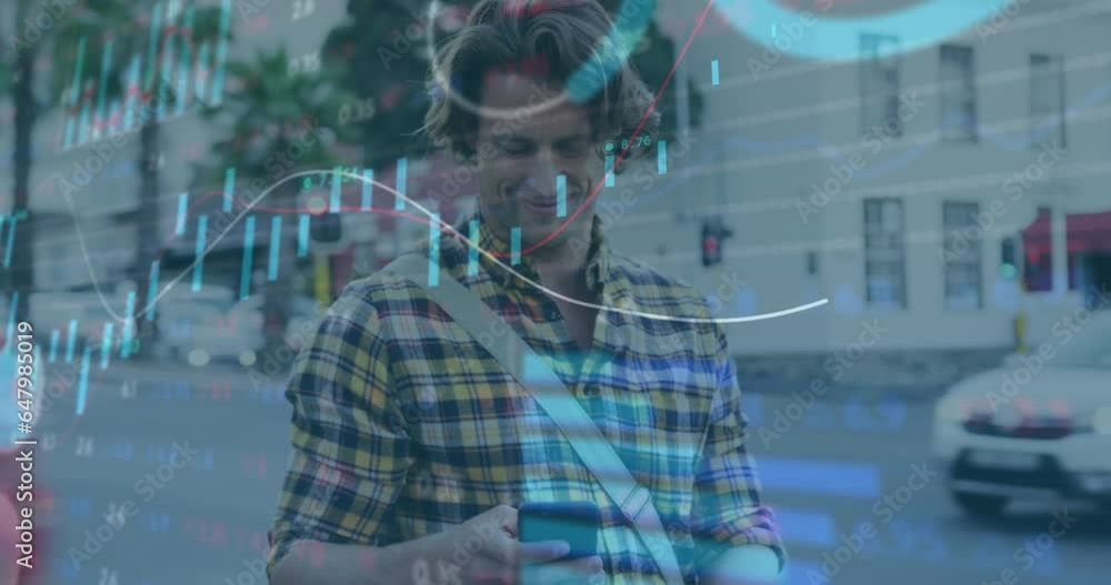 Aufkleber animation of graphs and trading board, caucasian man walking with bicycle and using smartphone