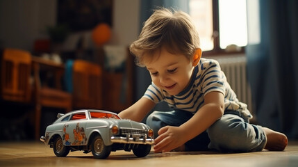 Young kid playing with his toy car on the floor of a cozy warm living room - obrazy, fototapety, plakaty