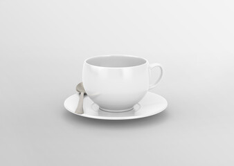 white plain blank empty ceramic tea cup with a silver spoon and round saucer on isolated background