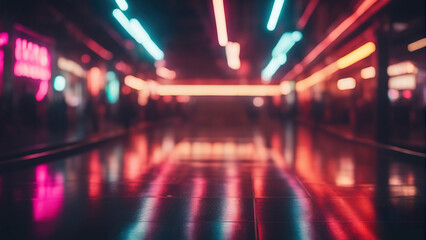 Blurred neon lights background. Neon city lights in bokeh style. Futuristic backdrop.