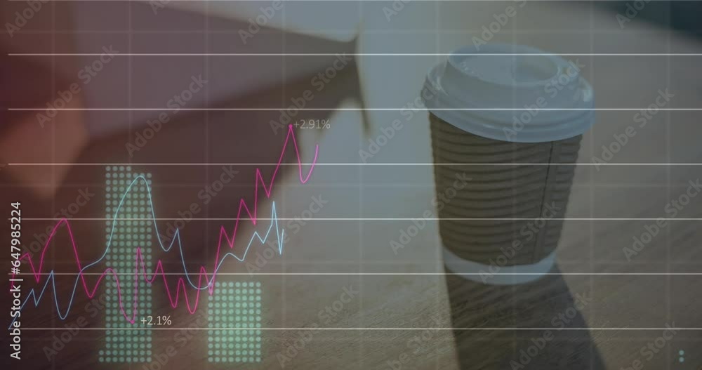 Aufkleber animation of multiple graphs with changing numbers over coffee cup on desk
