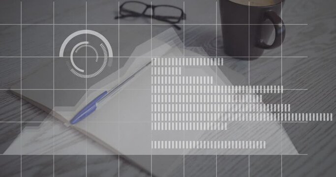 Animation of loading bars and circles over book, pen, spectacles and coffee cup on table