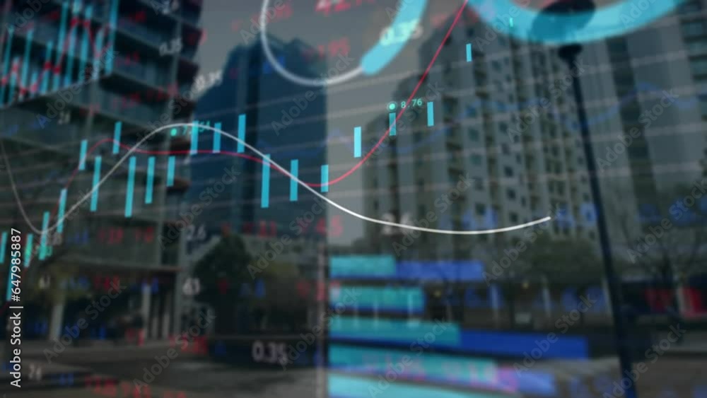Poster animation of multiple graphs and trading board over low angle view of buildings against sky