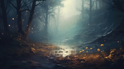 A stream running through a forest filled with yellow flowers