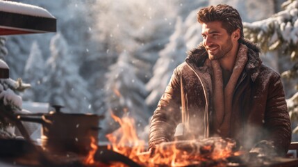 A man standing next to a fire in the snow - obrazy, fototapety, plakaty