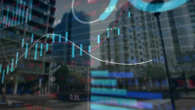 Animation of multiple graphs and trading board over low angle view of buildings against sky