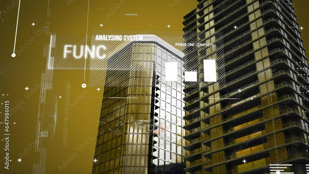 Poster animation of loading bars, texts, graphs and map over low angle view of buildings