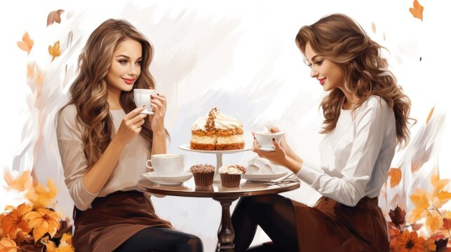 Two women sitting at a table with a cake and cup of coffee