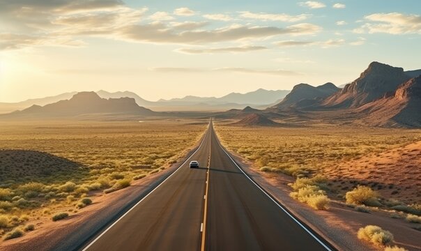 Photo of a car driving through the vast desert landscape