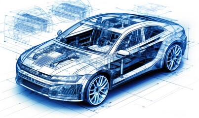 Photo of a blueprint of a car with the hood open