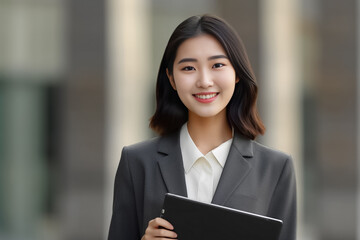 a vibrant young Asian woman is depicted, radiating positivity as she holds a digital tablet in her hands. Her smile is warm and inviting, reflecting her enthusiasm and confidence. Generative AI.