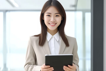 Obraz premium a vibrant young Asian woman is depicted, radiating positivity as she holds a digital tablet in her hands. Her smile is warm and inviting, reflecting her enthusiasm and confidence. Generative AI.