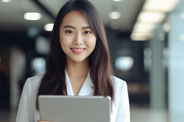 Obraz premium a vibrant young Asian woman is depicted, radiating positivity as she holds a digital tablet in her hands. Her smile is warm and inviting, reflecting her enthusiasm and confidence. Generative AI.