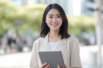 a vibrant young Asian woman is depicted, radiating positivity as she holds a digital tablet in her hands. Her smile is warm and inviting, reflecting her enthusiasm and confidence. Generative AI.