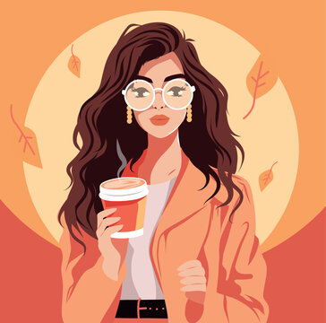Vector illustration, walking with coffee in, autumn, girl drinking coffee outdoors, coffee to go, woman enjoying cappuccino, coffee in a glass mug, in a glass, young woman holding a cafe cup