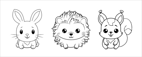 Cute funny hedgehog, rabbit and squirrel for coloring. Vector template for a coloring book with funny animals. Colouring page for kids.