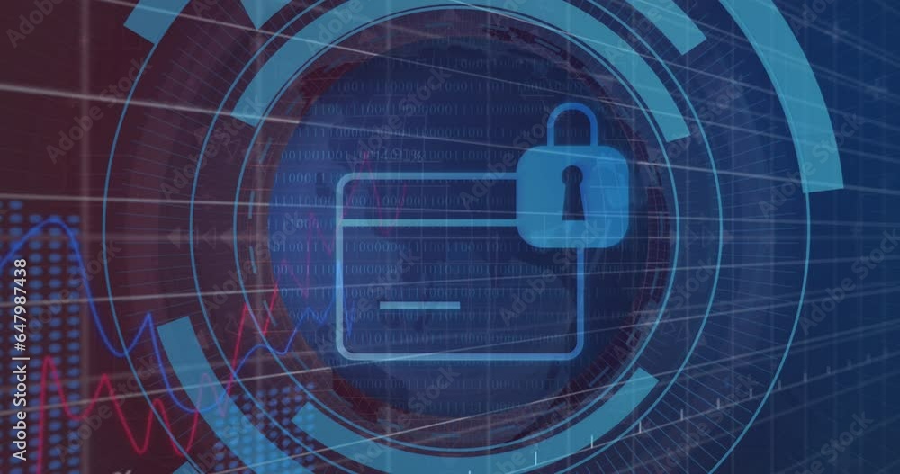 Poster animation of padlock and credit card in loading circles over graphs and globe