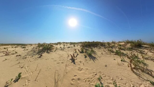 idyllischer Blick von Sandd&uuml;ne aufs Meer mit traumhaftem blauen Himmel und praller Sonne