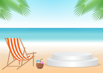 Obraz premium Podium on Summer Beach Background. Product Display Podium on the Beach. Summer Background. Vector Illustration. 