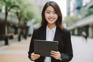 a vibrant young Asian woman is depicted, radiating positivity as she holds a digital tablet in her hands. Her smile is warm and inviting, reflecting her enthusiasm and confidence. Generative AI.