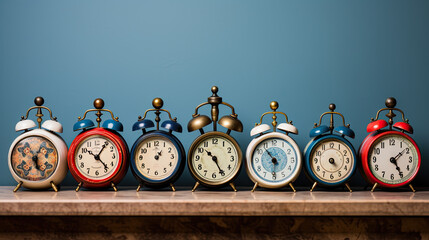 Various retro alarm clocks with a bell