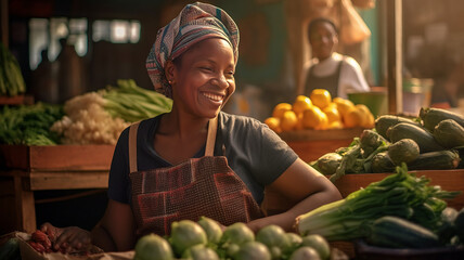 photograph of Joyful african american seller woman working in vegetable shop. - obrazy, fototapety, plakaty