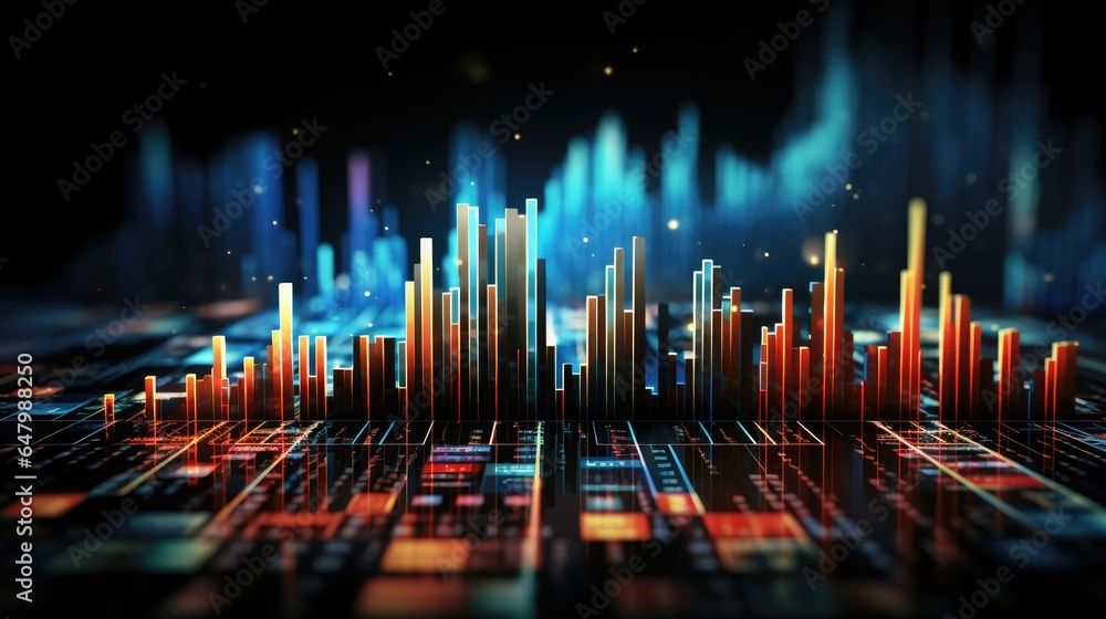 Poster artificial intelligence with a virtual hologram of statistics, graph and chart on screen. futuristic